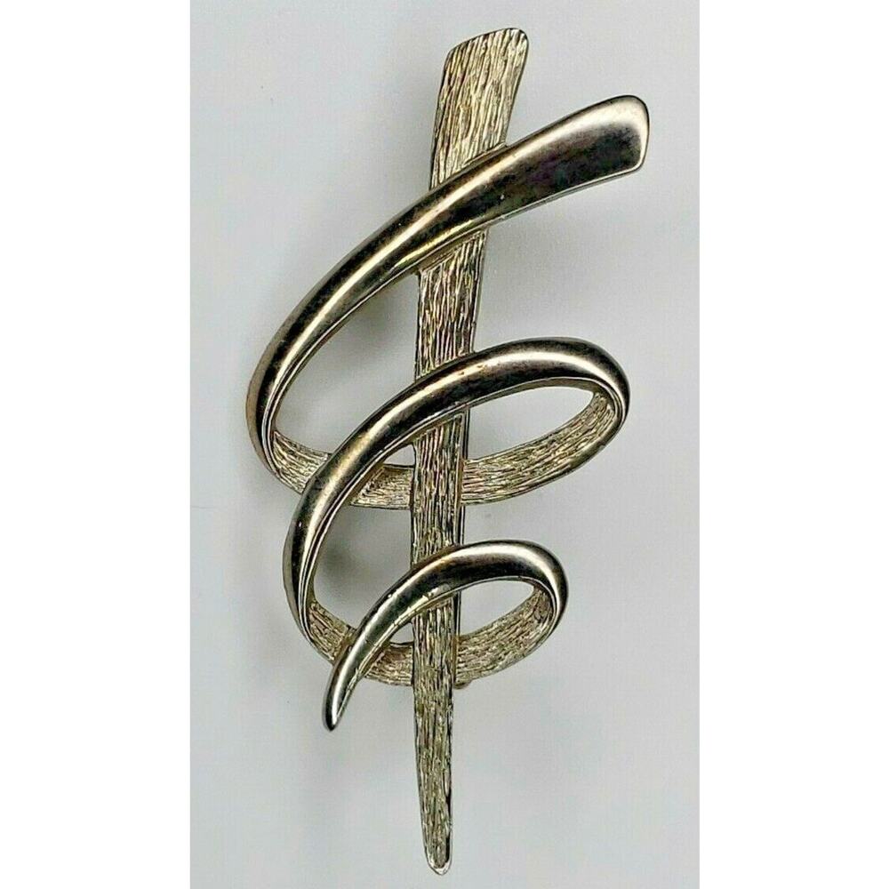Vintage JJ 1986 Silver Tone Swirl PIn Brooch 2.5" Tall PB164